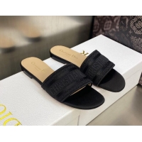 Good Looking Dior Dway Flat Slides Sandals 4.5cm in Black Embroidered Satin and Cotton 605037