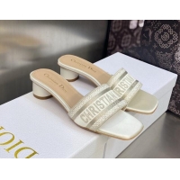 Good Quality Dior Dway Heel Slides Sandals 3.5cm in Gold-Tone Metallic Thread Embroidered Satin White 605038