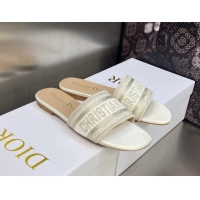 Low Price Dior Dway Flat Slides Sandals in Gold-Tone Metallic Thread Embroidered Satin White 605039