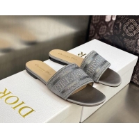 Perfect Dior Dway Flat Slides Sandals in Grey Stone Metallic Thread Embroidered Satin 605043