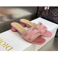 Popular Style Dior Dway Heel Slides Sandals 3.5cm in Light Pink Metallic Thread Embroidered Satin 605044