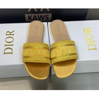 Top Design Dior Dway Flat Slides Sandals in Yellow Metallic Thread Embroidered Satin 605047