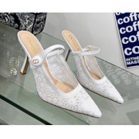 Best Price Dior Capture Heeled Mules 9.5cm in Transparent Mesh Embroidered with Optic White Saint-Gall Motif 605048