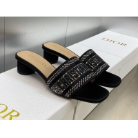 Discount Dior Dway Heeled Slide Sandals 3.5cm in Black Cotton Embroidered with Crystals 605055