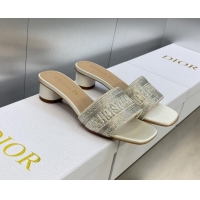 Low Cost Dior Dway Heeled Slide Sandals 3.5cm in Light Grey Cotton Embroidered with Metallic Thread and Crystals 605057