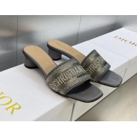 Discount Dior Dway Heeled Slide Sandals 3.5cm in Dark Grey Cotton Embroidered with Metallic Thread and Crystals 605059