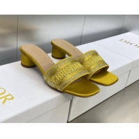 Popular Style Dior Dway Heeled Slide Sandals 3.5cm in Yellow Cotton Embroidered with Metallic Thread and Crystals 605061