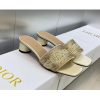 Unique Style Dior Dway Heeled Slide Sandals 3.5cm in Gold-Tone Cotton Embroidered with Metallic Thread and Crystals 6050