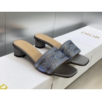 Purchase Dior Dway Heeled Slide Sandals 3.5cm in Steel Grey Cotton Embroidered with Metallic Thread and Crystals 605065