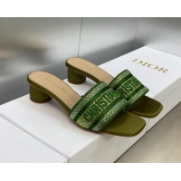 Pretty Style Dior Dway Heeled Slide Sandals 3.5cm in Dark Green Cotton Embroidered with Metallic Thread and Crystals 605