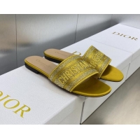 Purchase Dior Dway Flat Slide Sandals in Yellow Cotton Embroidered with Metallic Thread and Crystals 605062