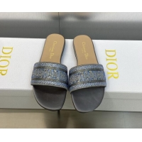 Stylish Dior Dway Flat Slide Sandals in Steel Grey Cotton Embroidered with Metallic Thread and Crystals 605066