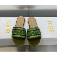 Grade Dior Dway Flat Slide Sandals in Dark Green Cotton Embroidered with Metallic Thread and Crystals 605068