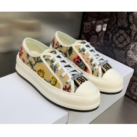 Sumptuous Dior Walk'n'Dior Platform Sneakers in Beige Multicolor Raffia Embroidered with Petites Fleurs Motif 605071