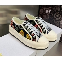 Stylish Dior Walk'n'Dior Platform Sneakers in Black Multicolor Cotton Embroidered with Petites Fleurs Motif 605072