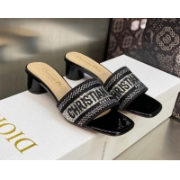 Low Price Dior Dway Heeled Slide Sandals 3.5cm in Black Cotton Embroidered with Silver-Tone Crystal 606007