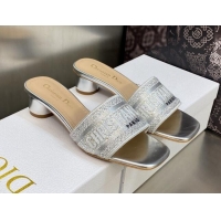 Charming Dior Dway Heeled Slide Sandals 3.5cm in Silver-tone Cotton Embroidered with Metallic Thread and Crystal 606009