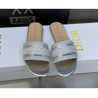 Durable Dior Dway Flat Sandals in Silver Cotton Embroidered with Metallic Thread and Crystal 606010