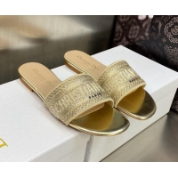 Comfortable Dior Dway Flat Slide Sandals in Gold-Tone Cotton Embroidered with Metallic Thread and Crystal 606015