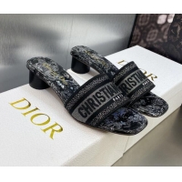 Sophisticated Dior Dway Heeled Slide Sandals 3.5cm in Black Embroidered Cotton with Silver-Tone Metallic Thread and Jard