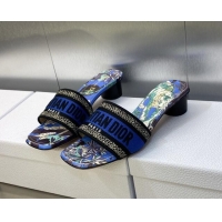 Discount Dior Dway Heeled Slide Sandals 3.5cm in Cobalt Blue Embroidered Cotton with Toile de Jouy Voyage Motif 606018