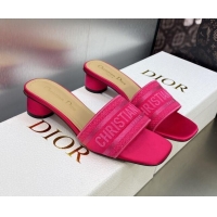 Luxury Cheap Dior Dway Heeled Slide Sandals 3.5cm in Rani Pink Embroidered Satin and Cotton 606022