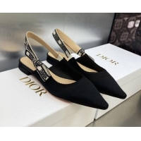 Top Grade Dior J'Adior Slingback Ballerina Flat in Black Embroidered Satin and Cotton 606034