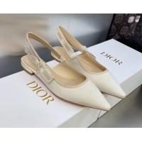 Good Quality Dior J'Adior Slingback Ballerina Flat in White Embroidered Satin and Cotton 606046