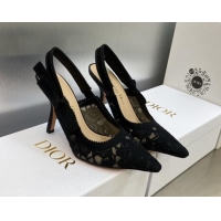 Top Design Dior J'Adior Slingback Pumps 9.5cm in Transparent Mesh Embroidered with Black D-Lace Motif 606056