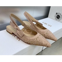 Grade Quality Dior J'Adior Slingback Flat in Transparent Mesh Embroidered with Rose Des Vents Pink D-Lace Motif 606061