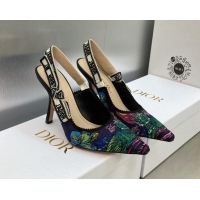 Best Grade Dior J'Adior Slingback Pumps 9.5cm in Purple Multicolor Embroidered Cotton with Toile de Jouy Voyage Motif 60