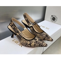 Sophisticated Dior J'Adior Slingback Pumps 6.5cm in Beige and Black Embroidered Cotton with Toile de Jouy Voyage Motif 6