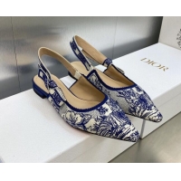 Cheap Price Dior J'Adior Slingback Flat in Blue and White Embroidered Cotton with Toile de Jouy Voyage Motif 606070