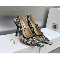 Top Grade Dior J'Adior Slingback Pumps 9.5cm in Black and White Embroidered Cotton with Toile de Jouy Voyage Motif 60607