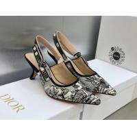 Charming Dior J'Adior Slingback Pumps 6.5cm in Black and White Embroidered Cotton with Toile de Jouy Voyage Motif 606072