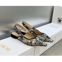 Charming Dior J'Adior Slingback Flat in Black and White Embroidered Cotton with Toile de Jouy Voyage Motif 606073