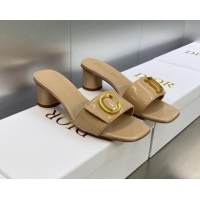 1:1 aaaaa Dior C'est Dior Heeled Slide Sandals 4.5cm in Beige Patent Calfskin with CD Letters 606084