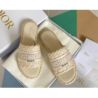 Best Product Dior Dway Flat Slides Sandals in Raffia and Embroidered Cotton Beige/Pink 620003