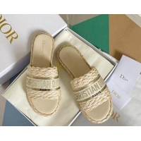 Durable Dior Dway Flat Slides Sandals in Raffia and Embroidered Cotton Beige/Gold 620005