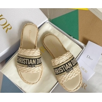 Duplicate Dior Dway Flat Slides Sandals in Raffia and Embroidered Cotton Beige/Black 620006