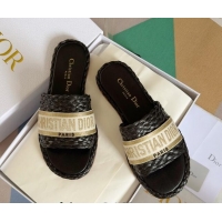 Best Product Dior Dway Flat Slides Sandals in Raffia and Embroidered Cotton Black/Gold 620010