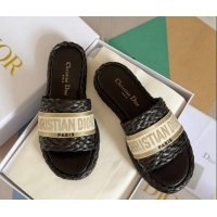 Luxury Cheap Dior Dway Platform Slides Sandals in Raffia and Embroidered Cotton Black/Gold 620015