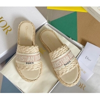 Good Quality Dior Dway Platform Slides Sandals in Raffia and Embroidered Cotton Beige/Pink 620018