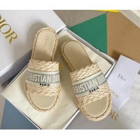 Best Price Dior Dway Platform Slides Sandals in Raffia and Embroidered Cotton Beige/Grey 620019