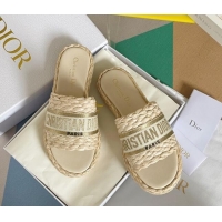 Luxury Discount Dior Dway Platform Slides Sandals in Raffia and Embroidered Cotton Beige/Gold 620020