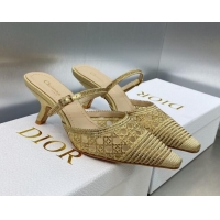 Grade Quality Dior Capture Heel Mules 6.5cm in Gold Cannage Embroidered Mesh with Crystals 620024