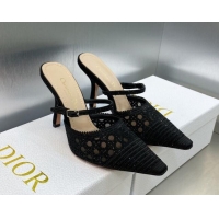 Purchase Dior Capture Heel Mules 9.5cm in Black Cannage Embroidered Mesh with Crystals 620025