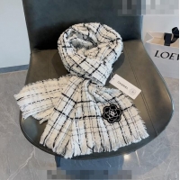 Popular Style Chanel Cashmere Check Long Scarf with Camellia 70x190cm CH090502 White 2023