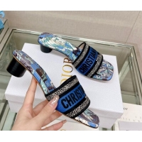 Good Product Dior Dway Heel Slide Sandals 3.5cm in Blue Multicolor Embroidered Cotton with Toile de Jouy Voyage Motif 62