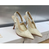 Good Quality Dior J'Adior Slingback Pumps 9.5cm in White Canvas Embroidered with Saint-Gall Motif 071075